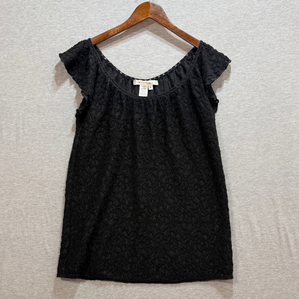 Studio M Lace Knit Top Womens‎ Medium Black Flutter Sleeve Wool Blend Whimsigoth